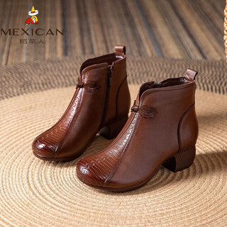 Scarecrow first-layer cowhide autumn and winter new ethnic short boots soft sole warm middle-aged and elderly retro versatile mother's women's boots dark brown (single lining) 36