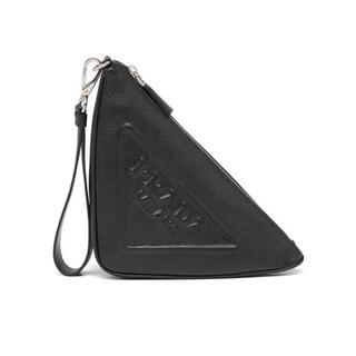 Prada men's clutch zippered closure portable storage accessory with carry black genuine leather embossed logo black one size