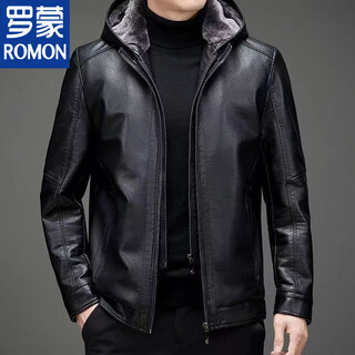 Romon haining leather men's fur all-in-one jacket middle-aged and old sheepskin plus velvet thickened leather jacket for dad black hat style plus velvet thickened xl 180 size 110-135jin jin is equal to 0.5 kg