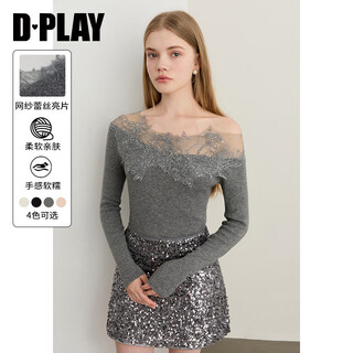 Dplay 2025 autumn new gray knitted sweater women's off-shoulder one-shoulder spliced lace wool top temperament gray s