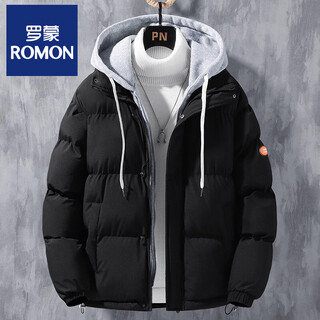 Romon fake two-piece down cotton jacket for men in winter, men's hooded short cotton coat, thickened warm bread coat, men's cotton-padded jacket, black romon xl recommended 120-135 jin jin equals 0.5 kg