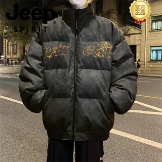 Jeep spirit retro embroidered pu leather down jacket cotton clothes for men and women winter thickened oversize loose leather jacket ins trend plus size men's clothing - black l