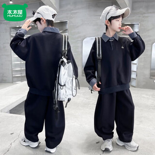 Mumuwu boys autumn clothing suit 2026 new spring and autumn sports polo shirt sweater medium and large children two-piece boys' trend navy blue 140 height 135cm/weight 65jin jin is equal to 0.5 kg