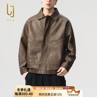 Olj international first-line big-name pu leather jacket for men, brown lapel motorcycle men's autumn casual loose warm jacket, brown m, suitable for 100-128jin jin equals 0.5 kg
