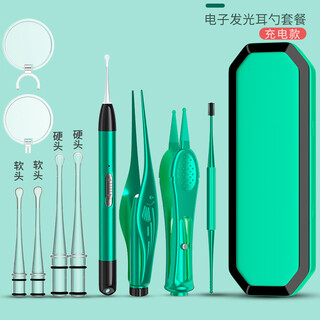 Fantasy ear-picking artifact, safe infant and toddler luminous ear-picking spoon with soft head, special earwax buckle for infants and children, household soft, rechargeable, fog green luminous set, cloud-sensitive touch, dual light sources