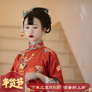 The style of the city is in full bloom丨red traditional retro stand-up collar, plate-button embroidery, large inverted sleeves, loose flat-cut cheongsam dress, orange-red embroidery l