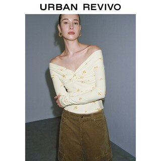 Ur2026 spring new women's casual one-line collar floral twist short long-sleeved t-shirt uwh460010+ beige print m