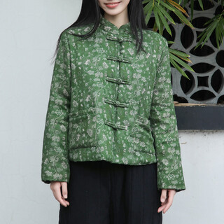 Chaos in jiangnan short cotton coat winter new floral loose cotton jacket retro chinese plate buckle thickened thermal jacket for women green one size