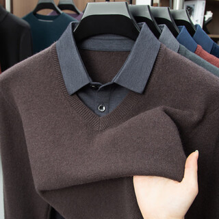 Kbxng men's fake two-piece shirt collar sweater gray versatile casual sweater spring autumn winter top yunka xl 175