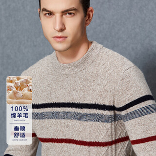 Bosssunwen 100% sheep wool recommended for spring, skin-friendly, comfortable, soft, breathable, contrast striped men's cardigan, light camel m
