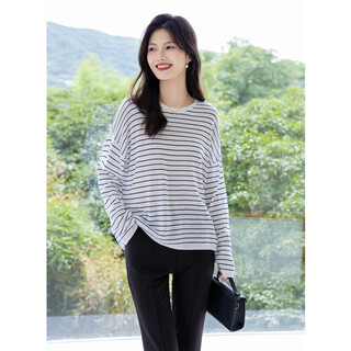 Ives (itisf4) chic lazy style long-sleeved t-shirt korean striped loose slim casual top white one size
