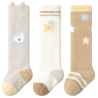Cotton baby socks plus velvet autumn and winter card through knee socks for boys and girls, cute cold-resistant temperature-locking thickened warm calf socks b5069-look up at the stars-3 pairs mink velvet over-the-knee calf socks 0-6 months - recommended foot length 8-10cm