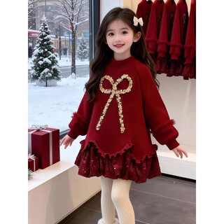 Guanimao girls new year's dress winter 2026 new children's velvet sweatshirt dress medium and large children's winter clothing red new year's greetings red velvet style 150 yards