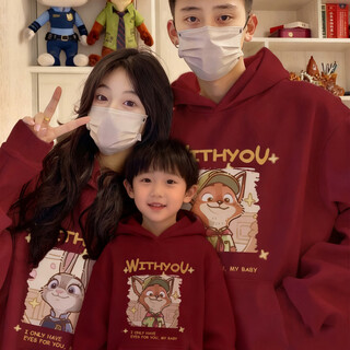 Red parent-child clothing for a family of three or four 2026 new year new mother and child winter clothing judy nick children's sweatshirt jacket big red hooded (plus velvet style) 90 cm for boys