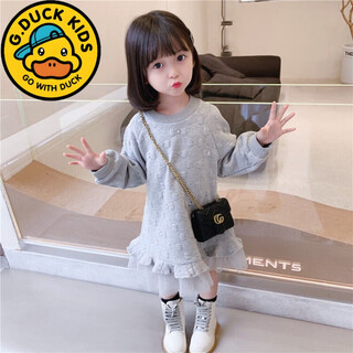 G.duck little yellow duck girls dress western style spring and autumn clothing children's long sweatshirt plus velvet lace princess gauze skirt thickened pink 120