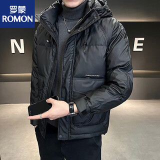 Romon down jacket men's winter 2025 new high-end hooded lightweight short thickened white duck down jacket for men black m recommended 100-120jin jin equals 0.5 kg