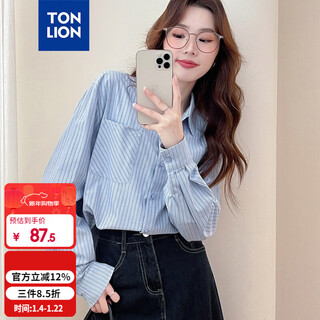 Tonlion 2025 autumn women's blue striped long sleeve shirt