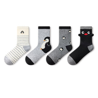 Pami 20% merino black socks women's autumn and winter thickened warm mid-calf socks with birkenstock shoes pile socks cute penguin-pack 4 pairs one size fits all (suitable for sizes 36-39)