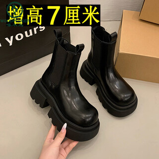 Woodpecker thick-soled martin boots for women 2025 autumn and winter new style plus velvet heightening chimney boots british style chelsea short boots black single lining 37