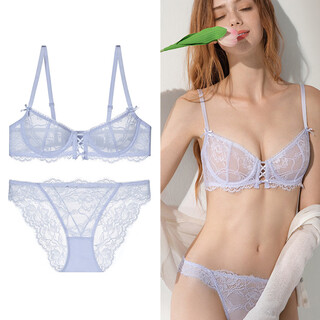 Victoria palace sexy underwear lace women's ultra-thin hollow breathable and comfortable secondary breast retractor side support gathering pure desire bra set light blue 85c/38