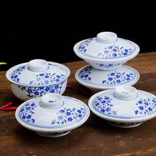 Tuojin underglaze colorful soup bowl covered dish bowl instant noodle bowl blue and white exquisite covered bowl plate chinese ceramic tableware 7-inch premium purple flower five-piece set