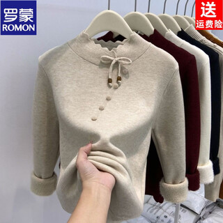 Romon one-piece velvet half-turtleneck sweater for women plus velvet thick bottoming shirt 2026 autumn and winter new chinese style knitted sweater inner top oatmeal color s recommended 80-95jin jin equals 0.5 kg