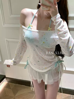 Yonger baby 2025 new bikini swimsuit for women with small breasts, sexy pure lust style halterneck, small fresh hot spring vacation, beautiful swimsuit, lake green two-piece set + gauze skirt + star blouse m