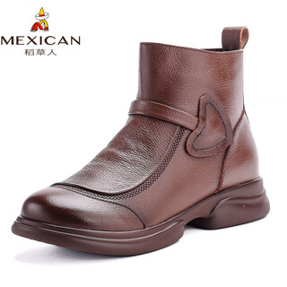 Scarecrow autumn and winter new top layer cowhide thick heel retro martin boots middle-aged and elderly boots women's short boots genuine leather single boots 2598 brown single lining 37