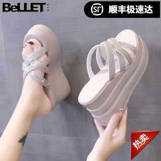 Belle's lightweight wedge sandals for women summer outerwear new style fashion versatile platform slippers for women women's rhinestones off-white upgraded counter version 37 standard size