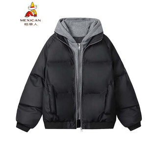 Scarecrow fake two-piece hooded cotton coat for men in winter, thickened and warm pu leather cotton coat, american short bread coat, black mf007 m