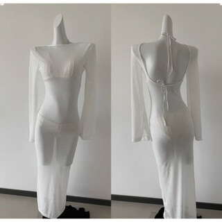 Women's swimsuit see-through cover-up long skirt bikini three-point sexy backless resort style spa swimwear white striped fabric cover-up s