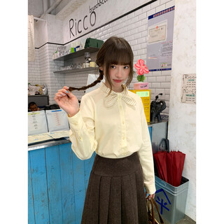 Hello canon striped rabbit ear collar long sleeve shirt women's retro niche design shirt temperament simple top light yellow xs