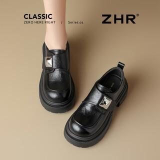 Zhr high-heeled loafers women's college style thick-soled single shoes new velcro slip-on leather shoes kn286 black 37