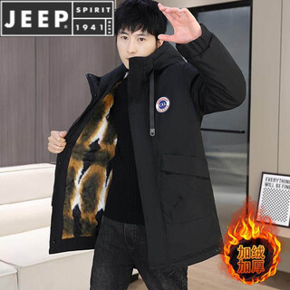 JEEP SPIRIT派克服男冬季外套加绒加厚中长款防风衣潮流冬装保暖棉服男士夹克 2801黑色【加 绒加 厚】 XL 【125-140斤】