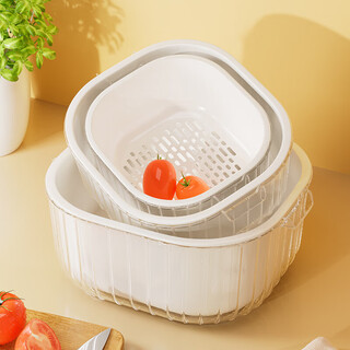 Home katei story japanese vegetable basket drain basket plastic double-layer vegetable basin kitchen drain basket fruit basket thickened leaky basin white small size 1 set (double-layer)