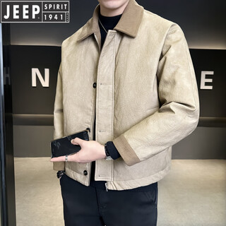 Jeep jeep leather down jacket men's lapel winter 2026 new casual splicing design duck down jacket men's winter clothing khaki m