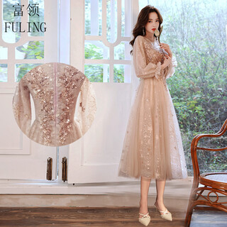 Rich collar annual meeting dress for women, high-end, small, champagne color evening 2026 new banquet temperament, high-end host birthday, champagne pink zipper, mid-length. style m