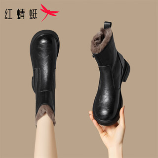 Red dragonfly short boots for women british style versatile velvet thickened snow boots warm winter 2025 new black velvet heel height 4.1cm 35 (225mm)