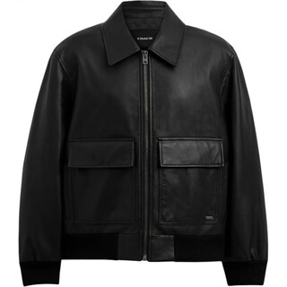 Coach fw24 solid color long sleeve leather jacket with flap pocket men's black black m