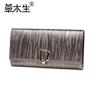 Genuine leather long version wallet for women 2025 new model d paper buckle large capacity multi-card slot folding wallet can hold mobile phone trendy gray