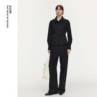 Aum easy suit 2026 spring new fashion lapel waist black oxford cloth top pants women black top m