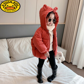G.duck girls' cotton clothes winter clothes 2025 new children's style hooded cotton clothes winter jackets trendy children's thickened cotton jackets brick red 120 cm