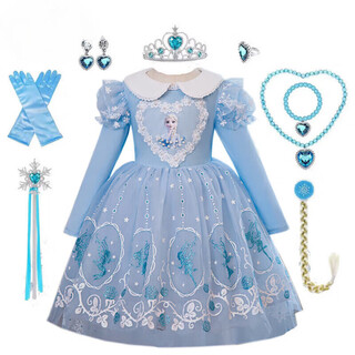G.duck elsa princess dress girls spring and autumn frozen puff dress autumn and winter children's elsa dress dress skirt long sleeve blue (with veil) + eight-piece set 120 suitable for heights around 110cm