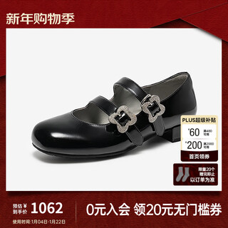 Mio 2026 spring new round toe thick heel sweet style multi-word buckle flower decorated buckle mary jane shoes black 34 (220mm)