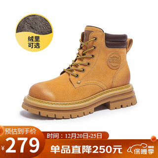 骆驼（CAMEL）【远行】大黄靴女厚底工装马丁靴 L23W076114R 土黄（加绒款） 38
