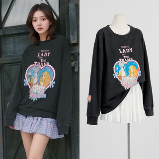 In stock pingcaina xiaoshui's same thai trendy brand retro printed black pullover early autumn casual loose sweatshirt sweatshirt l