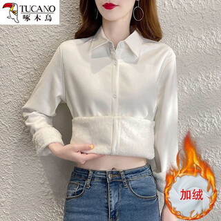 Woodpecker internet celebrity chiffon shirt plus velvet thickening shirt for women korean style casual belly covering versatile autumn and winter all-in-one velvet thermal shirt white plus velvet thickening s