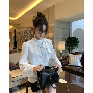 Hello canon ribbon bow puff sleeve shirt women's autumn and winter new style chic loose long sleeve top pink s