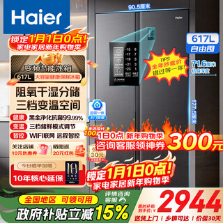 Haier refrigerator 617 liters double door side by side large capacity air-cooled frost-free first-class energy efficiency dual frequency conversion oxygen barrier dry and wet storage energy-saving household refrigerator xingyun silver 617 liters black gold purification + dry and wet storage + door hover