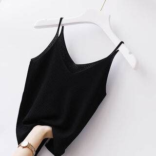 Large size camisole women's bottoming v-neck ice silk sexy short threaded knitted versatile hyuna style top black s recommended 80jin jin equal to 0.5 kg or less